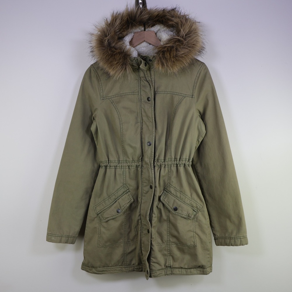 Hollister Sherpa Lined Faux Fur Hood Utility Parka Jacket L‎ Olive Green Cotton
